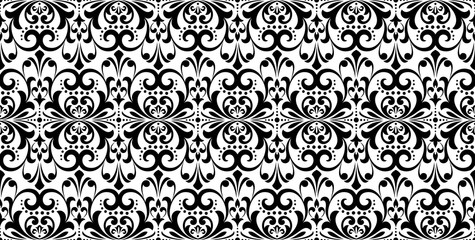 Floral pattern. Vintage wallpaper in the Baroque style. Seamless vector background. White and black ornament for fabric, wallpaper, packaging. Ornate Damask flower ornament