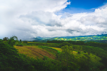 Obraz premium Blue sky high peak mountains fog hills mist scenery national park views at Phu Tub Berk, Khao Koh, Phetchabun Province, Thailand