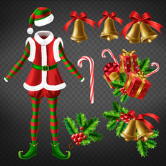Winter holidays 3d realistic vector icons set. Elf empty costume, Christmas bells with red ribbon and holly leaves, caramel candy cane and gifts boxes illustrations isolated on transparent background