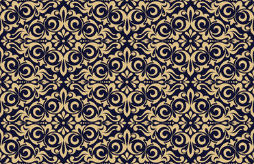 Floral pattern. Vintage wallpaper in the Baroque style. Seamless vector background. Dark blue and gold ornament for fabric, wallpaper, packaging. Ornate Damask flower ornament