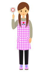 丸の札を持つ　女性保育士　