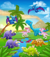 Rolgordijnen Kinderkamer Een dinosaurus cartoon schattige dieren achtergrond prehistorische landschapsscène.