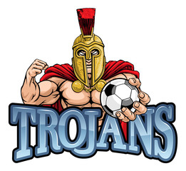 A Spartan or Trojan warrior Soccer Football sports mascot holding a ball