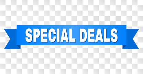SPECIAL DEALS text on a ribbon. Designed with white title and blue stripe. Vector banner with SPECIAL DEALS tag on a transparent background.