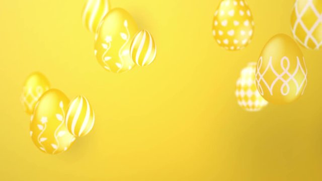 Happy Easter. Festive CG computer animation with decorated Easter eggs. Yellow eggs with hand painted ethnic patterns. Video for intro, greetings. Happy easter background with holiday title.