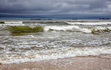 Fototapeta na wymiar stormy baltic sea with ships