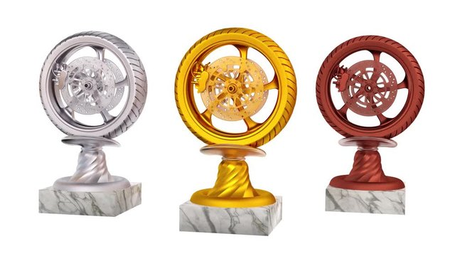 Sport Wheel Motorbike Gold Silver and Bronze Trophies with Marble Bases in Infinite Rotation
