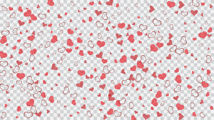 Red hearts of confetti crumbled. Part of the design of wallpaper, textiles, packaging, printing, holiday invitation for birthday. Spring background. Red on Transparent fond Vector.