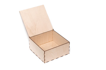 Open wooden box on white isolated background