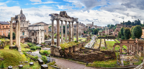 Ruins of Roman Forum. Temple of Saturn, Temple of Vespasian and Titus, Arch of Septimius Severus...