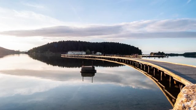 sunset time lapse of Byzantine St. Mary's Monastery on Zvernec Island in lagoon of Narta, Vlore, Albania 