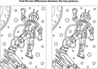 Space exploration themed find the ten differences picture puzzle and coloring page with astronaut or cosmonaut in outer space, rocket, stars, Earth
