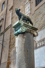 Copy of Capitoline Wolf statue on pillar at the northern corner of Palazzo senatorio. Rome. Italy