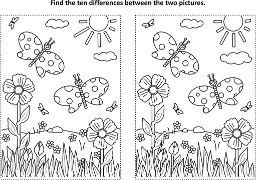 Spring or summer joy themed find the ten differences picture puzzle and coloring page with butterflies, flowers, grass.
