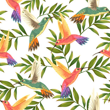 seamless tropical pattern with hummingbirds and palm leaves