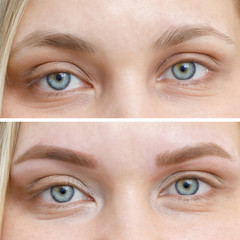 Photo comparison before and after permanent makeup, tattooing of eyebrows - obrazy, fototapety, plakaty