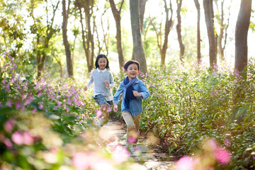 Naklejka na ściany i meble two little asian kids running in flower field in woods
