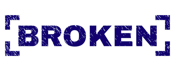 BROKEN tag seal print with distress texture. Text tag is placed inside corners. Blue vector rubber print of BROKEN with scratched texture.