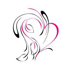 decorative ornament with pink heart and leaves in black lines on white background