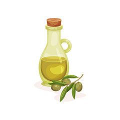 Branch with green olives and glass bottle of oil. Organic and healthy product. Natural ingredient. Flat vector icon