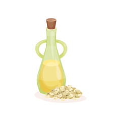 Glass bottle of natural oil and heap of oatmeal flakes. Organic product. Ingredient for cooking. Flat vector icon