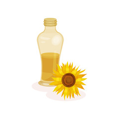 Glass bottle of fresh oil and sunflower. Ingredient for cooking dishes. Natural product. Flat vector design