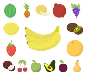 Different fruits cartoon icons in set collection for design. Fruits and vitamins vector symbol stock web illustration.