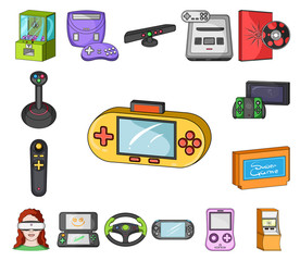 Game console and virtual reality cartoon icons in set collection for design.Game Gadgets vector symbol stock web illustration.