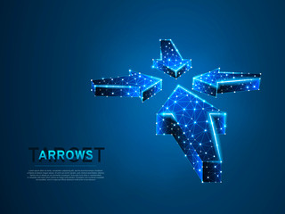 Arrows pointing in the middle. Business Technological success concept. Polygonal science Vector illustration. Neon Low poly. Connection wireframe mesh structure on dark blue background in RGB Color