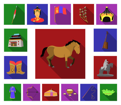 Country Mongolia flat icons in set collection for design.Territory and landmark vector symbol stock web illustration.