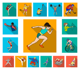 Different kinds of sports flat icons in set collection for design. Athlete, competitions vector symbol stock web illustration.