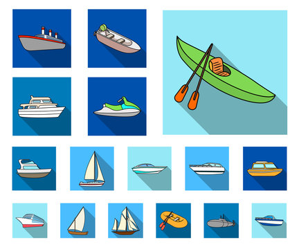 Water and sea transport flat icons in set collection for design. A variety of boats and ships vector symbol stock web illustration.