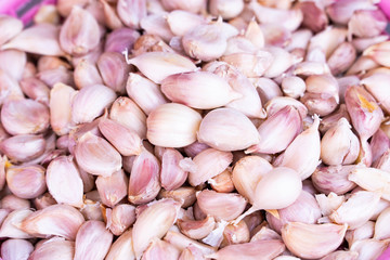 Garlic cloves are kept drying in a plastic basket; photograph on top view and selective focus with blurry background.