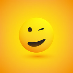 Smiling and Winking Emoji - Simple Shiny Happy Emoticon on Yellow Background - Vector Design 