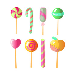 Set of bright vector candies. Set of colorful lollipops, cartoon illustration. Round and heart lollipop, caramelized apple, sweet candy cane isolated on white. Collection of sweet lollipops