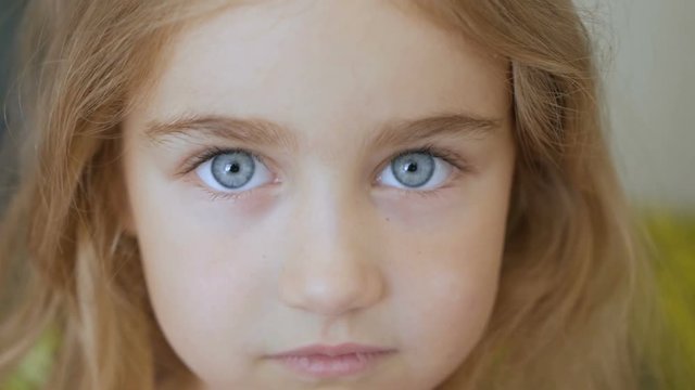 Portrait little young girl with blue eyes looking at camera