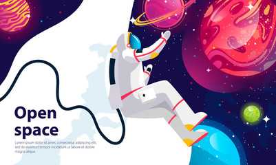 Vector image of an astronaut in outer space on the background of a set of planets and the starry sky, a template for a banner on the website © Leonid
