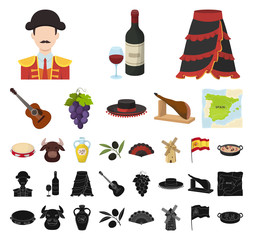 Spain country cartoon, black icons in set collection for design.Travel and attractions vector symbol stock web illustration.