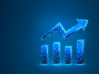 Growth chart. Business Technological concept. Polygonal science Raster illustration. Low poly Growth, success graph. Connection wireframe mesh structure on dark blue background in RGB Color mode