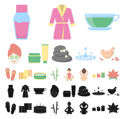 Spa salon and equipment cartoon, black icons in set collection for design. Relaxation and rest vector symbol stock web illustration.