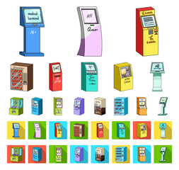 Variety of terminals cartoon,flat icons in set collection for design. ATM and trading device vector symbol stock web illustration.
