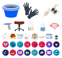Tattoo, drawing on the body cartoon,flat icons in set collection for design. Tattoo salon and equipment vector symbol stock web illustration.