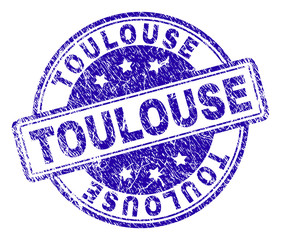 TOULOUSE stamp seal imprint with grunge effect. Designed with rounded rectangles and circles. Blue vector rubber print of TOULOUSE tag with grunge texture.