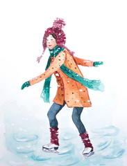 The girl skates on the rink watercolor
