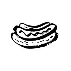Vector fast food meal grunge icon. Hotdog ink illustration.