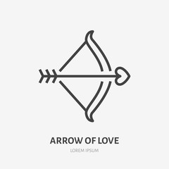 Bow with arrow and heart flat line icon. Vector thin sign of love, dating site logo. Valentines day illustration