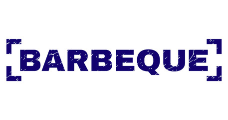 BARBEQUE label seal print with corroded effect. Text tag is placed inside corners. Blue vector rubber print of BARBEQUE with corroded texture.