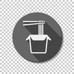 Noodle in box, asian food takeaway, wok icon. flat icon, long shadow, circle, transparent grid. Badge or sticker style