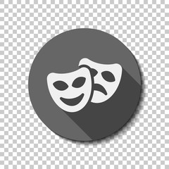 Smile and sad masks, comedy and drama theater, opposite emotions. Icon with happy and depressed faces. flat icon, long shadow, circle, transparent grid. Badge or sticker style