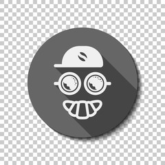 Coffee character, croissant smile, cap with grain, espresso logo, creative comic icon. flat icon, long shadow, circle, transparent grid. Badge or sticker style